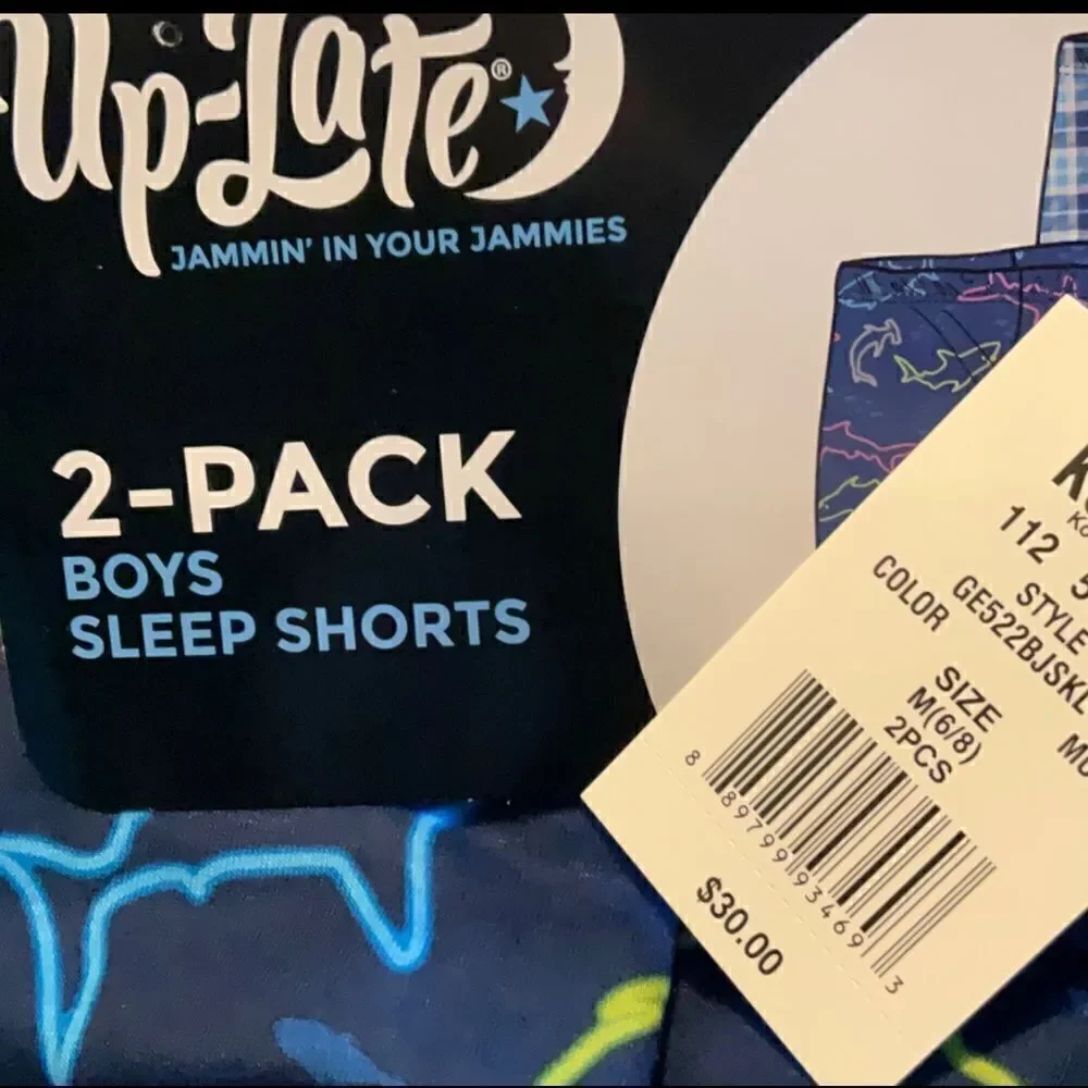 UP-LATE Boys Medium (6/8) 2-Pack All Day Sleep Shorts -Shark and Plaid  Prints